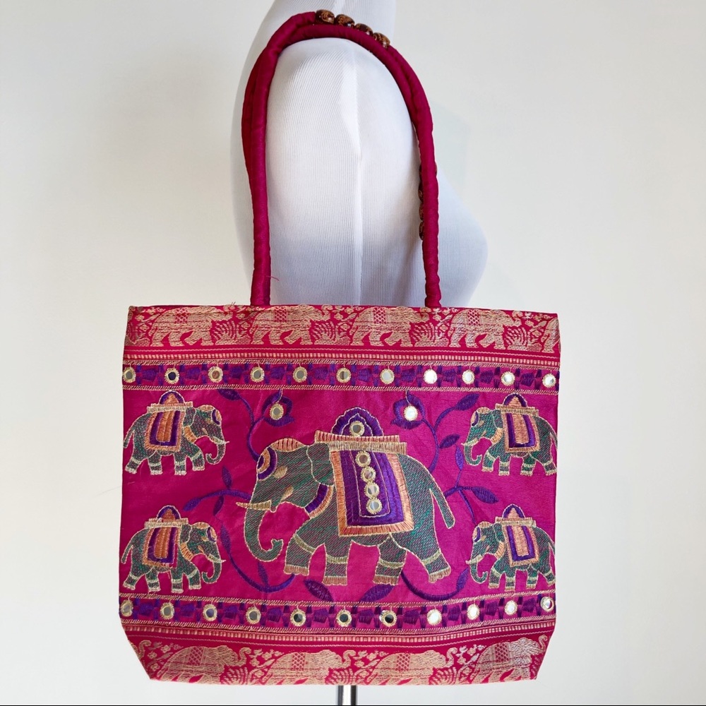 Boho Elephants Pink Embellished Vintage Top Zip Tote Bag